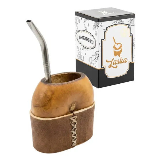 Mate Galleta Calabaza Base Cuero Crudo + Bombilla Pico Loro Marrón Galleta