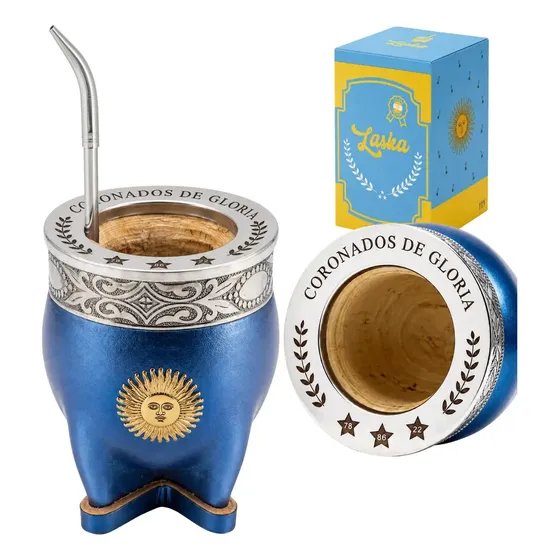 Mate Imperial Argentina Azul Sol De Mayo Mundial + Bombilla Azul Imperial