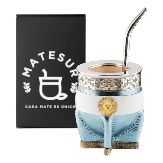 Mate Imperial Bandera Argentina Aplique Bronce Sol De Mayo Base De Alpaca + Bombilla