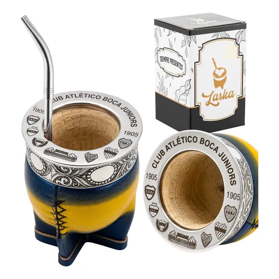 Mate Imperial Boca Juniors Artesanal Grabado + Bombilla Azul Imperial