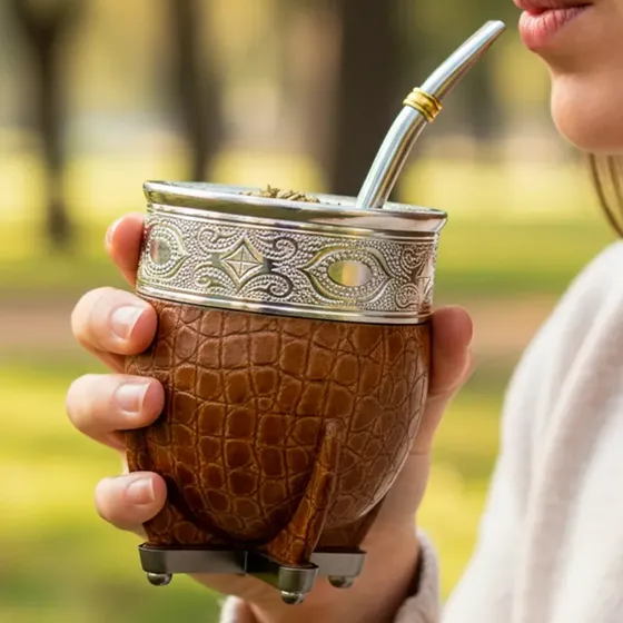 Mate Imperial Calabaza Uruguayo Xl Marrón Guarda Con Diseños + Bombilla Acero Inoxidable