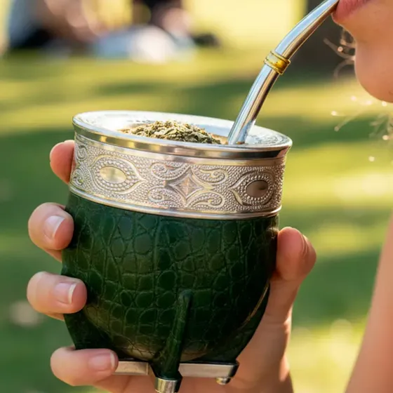 Mate Imperial Calabaza Uruguayo Xl Verde Oscuro Guarda Con Diseños + Bombilla Acero Inoxidable