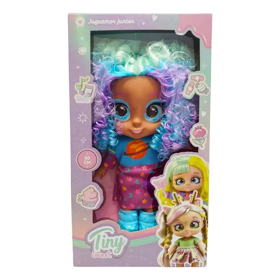 Muñeca Tiny Sweet 30cm Con Sonido Pelo Celeste Violeta 57534