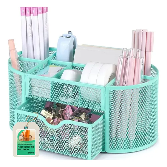 Organizador De Escritorio Metal Enrejado Con Cajon Posalapiz Color Celeste