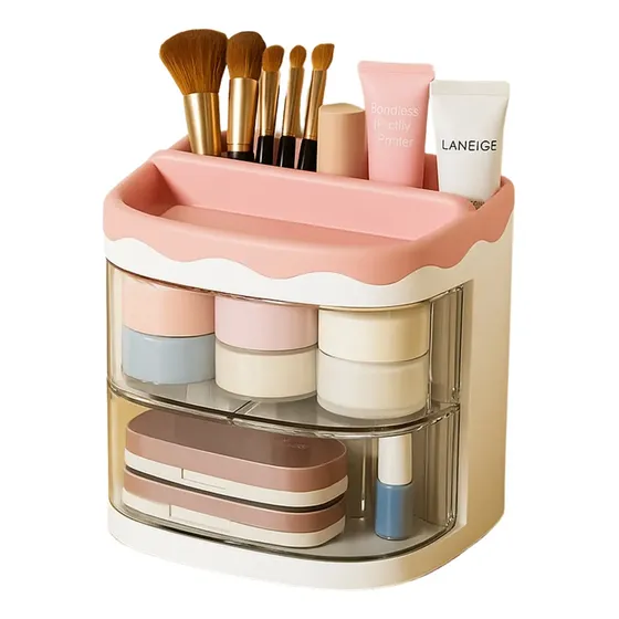 Organizador De Maquillaje Cremas Escritorio Rosa, Porta Lápices Y Papelería, Con 2 Cajones Multifuncional, Ideal Para Decoración Aesthetic, 