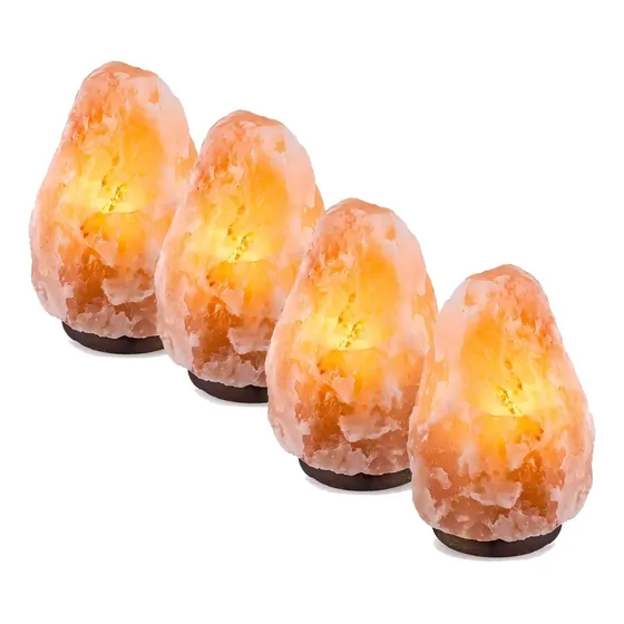Pack de 4 Lámparas de Sal del Himalaya Rosadas, con Base de Madera e Iluminación Incandescente