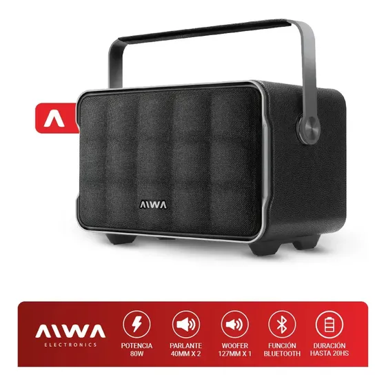 Parlante Bluetooth Aiwa Portátil Aw-p225p 80w Mega Bass Color Negro