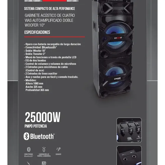 Parlante Portátil Bluetooth Crown Mustang Djs-1002bt 25000w Negro