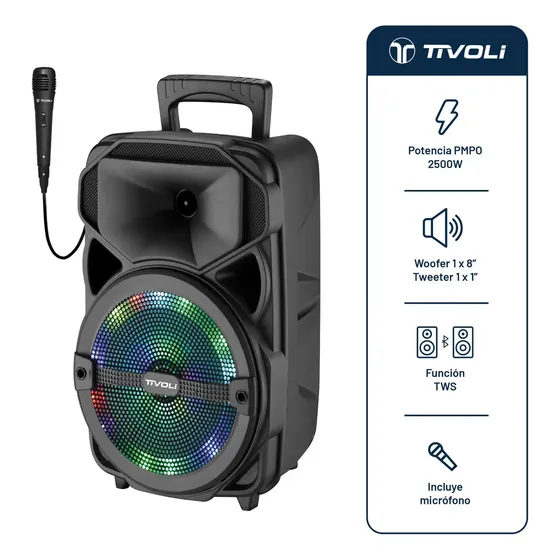 Parlante Portátil Bluetooth Tivoli 2500w Micrófono Karaoke Radio Fm Color Negro