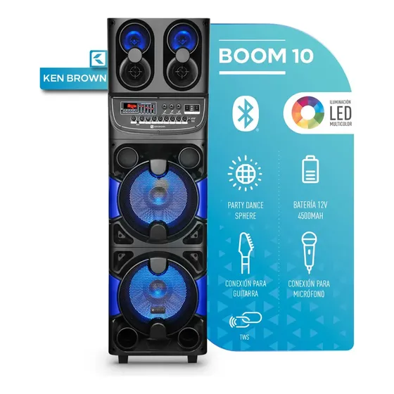 Parlante Portátil Ken Brown Boom 10 con Bluetooth, Karaoke y LED, Negro, 40000W RMS, 12V