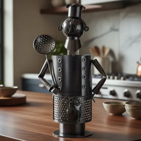 Portabotella Chef Con Espumadera Artesanal Metal Niquelado