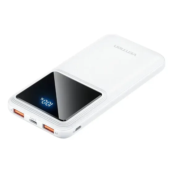 Power Bank Cargador Portatil Vention 10000mAh - Bateria Carga Super Rapida 22w con Pantalla - Conector USB C + USB x 2 - Color Blanco - Para