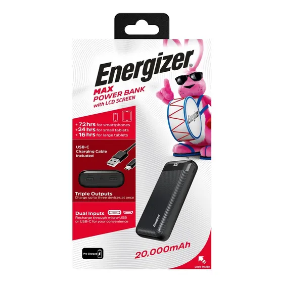 Power Bank Energizer Max Cargador Portatil Powerbank 20000mah Con Visor Display Lcd Color Negro