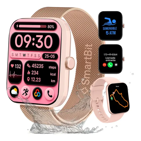 Reloj Inteligente Mujer Sumergible Smartbit Moove Rosa Gps Satelital 5 ATM Pantalla AMOLED 7 dias de bateria Mensajes Llamadas Deportes Nata
