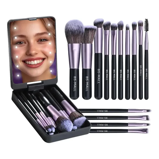 Set 14 Brochas Maquillaje C/estuche Espejo Led Profesional Color Negro