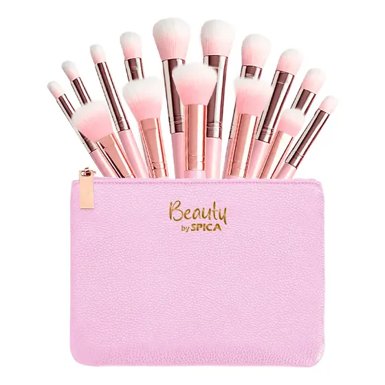 Set 15 Brochas Y Pinceles Para Maquillaje BEAUTY BY SPICA BRO-15 Estuche Colores Color Rosa