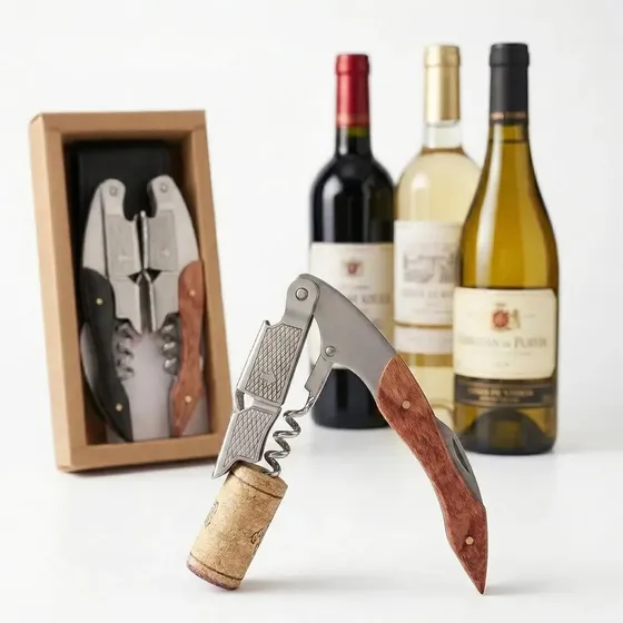 Set 2 Sacacorchos Sommelier Acero Y Madera Con Funda Cuero V