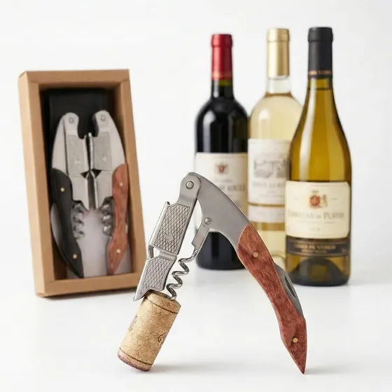 Set 2 Sacacorchos Sommelier Acero Y Madera Con Funda Cuero