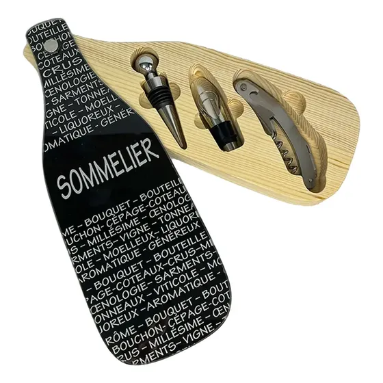 Set Accesorios De Vino En Caja De Madera C/tapa De Vidrio