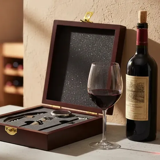 Set Accesorios X 4 Vino Somelier Caja Madera Roble 15x17x4cm