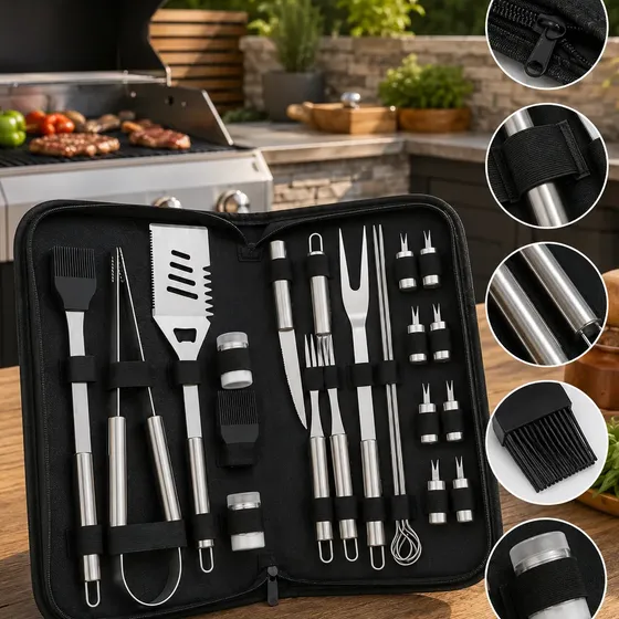 Set Asador 27 Piezas Acero Inoxidable Estuche Portátil Negro