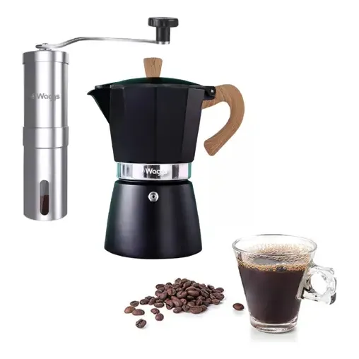 Set Cafetera Moka Italiana Más Molinillo Manual Ainox Waggs Negro