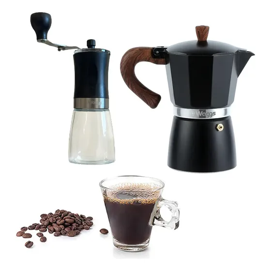 Set Cafetera Moka Italiana Más Molinillo Manual Vidrio Waggs Negro