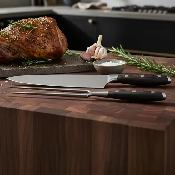 Set Cuchillo Chef Y Tenedor Trinche Cocina Asado Forjado X2