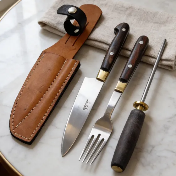 Set  Cuchillo, Tenedor Y Chaira 12 Cm Grabados Láser Opciona