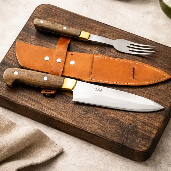 Set  Cuchillo Y Tenedor Artesanal 14 Cm Grabados Láser Opc.