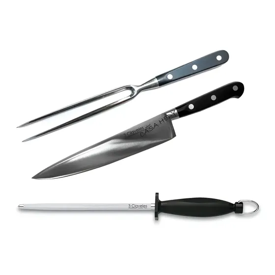 Set Cuchillos Asador Chef 3 Claveles Forge Trinche Chaira Acero Inoxidable