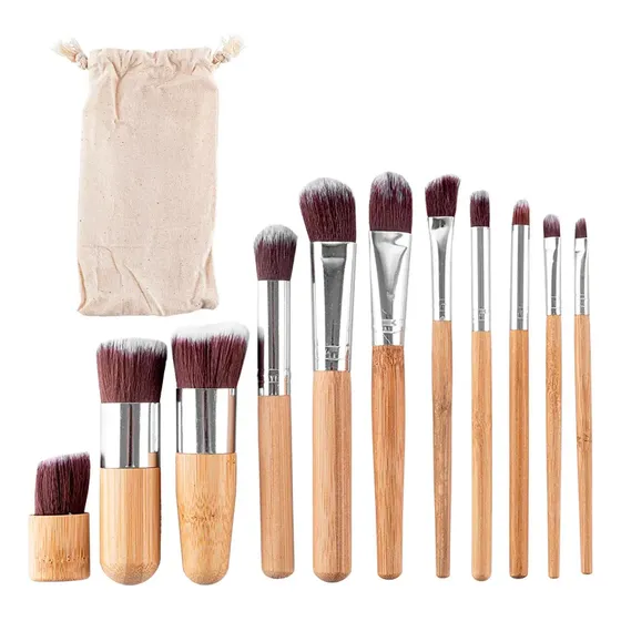 Set De 11 Brochas De Maquillaje Con Mango De Bambú + Bolsa