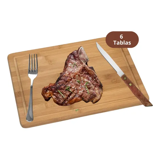 Set de 6 Platos de Madera FILULA para Asado y Picadas, Bambú Rectangular 25x20 cm