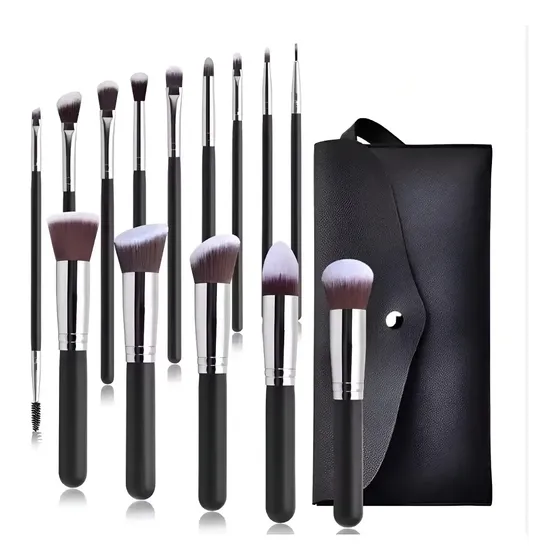 Set De Brochas De Maquillaje Profesional X14 + Estuche Negro Y Plateado