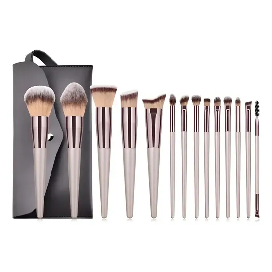 Set De Brochas De Maquillaje Profesional X14 + Estuche Plateado