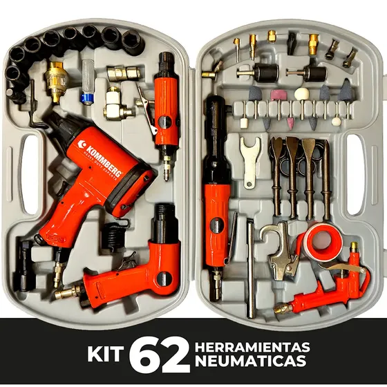 Set De Herramientas Neumáticas P/ Compresor 62 Piezas Kommberg Herramientas + Accesorios + Maletin