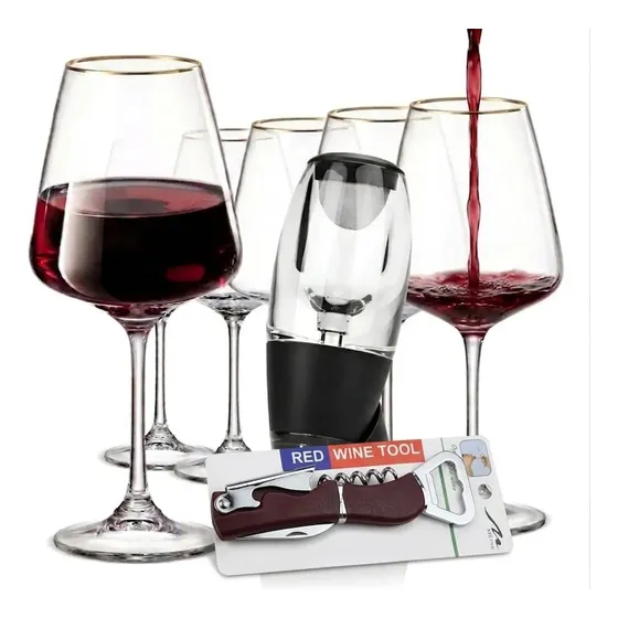 Set Degustación Vino Oxigenador + 6 Copa Borde Dorado