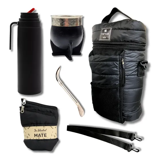 Set Matero Kit Termo Negro Mate Imperial Cuero Bolso Premium