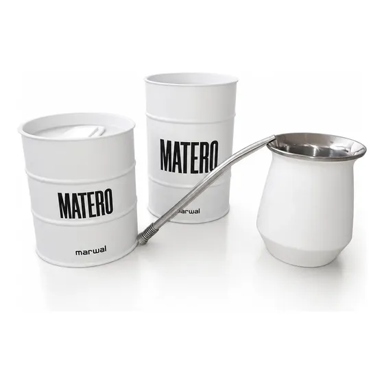 Set Matero Mate Acero + Yerbera Azucarera Y Bombilla Resorte