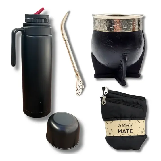 Set Matero Premium Termo Negro Mate Imperial Cuero Bolsitas!
