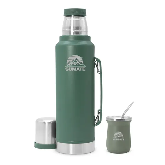 Set Matero Sumate Termo Manija Acero Inoxidable 1,2 L Premium Con Mate Y Bombilla Verde