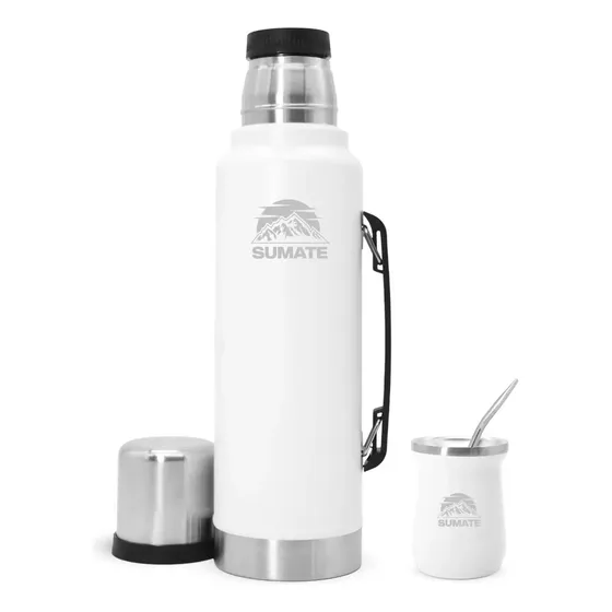 Set Matero Sumate Termo Manija Acero Inoxidable 1,2 L Premium Con Mate Y Bombilla Blanco
