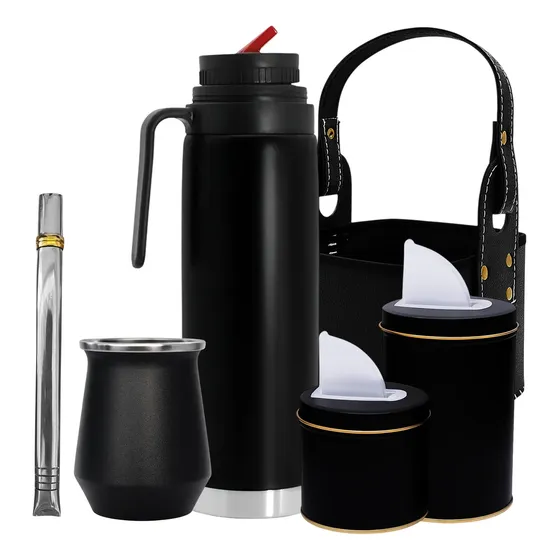 Set Matero Termo 1l Manija Mate Acero Yerbera Canasta Negro