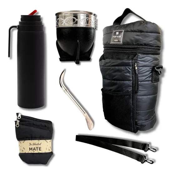 Set Matero Termo Negro Mate Imperial Vegano Bolso Premium!