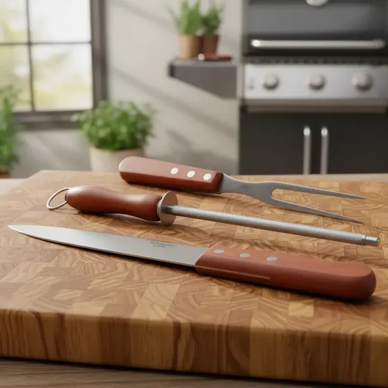 Set Parrillero X 3 Piezas Cuchillo + Pinza + Chaire Madera