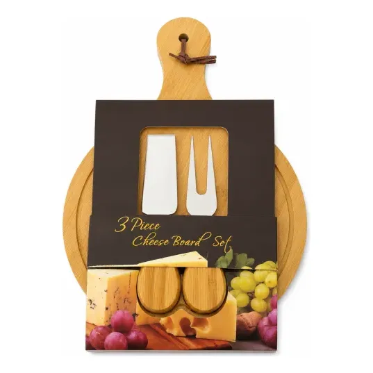 Set Tabla De Quesos Bambú 3 Piezas Con Cubiertos