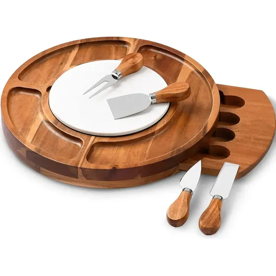 Set Tabla Picada Premium Acacia Y Mármol + 4 Cubiertos Queso