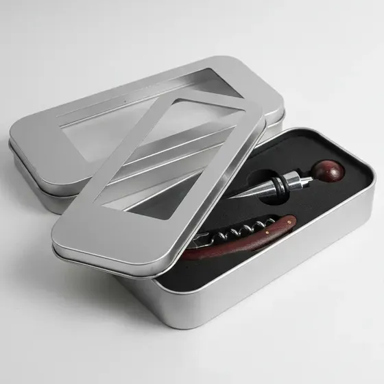 Set Vino Metal Sacacorcho 2 Tiempo +tapon Caja Metal 17x7cm