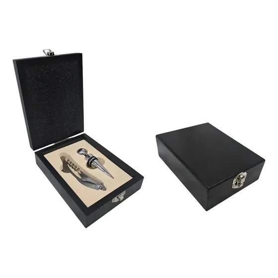 Set Vino X2 Metal Sacacorcho 2 Tiempo + Tapón C/caja Madera