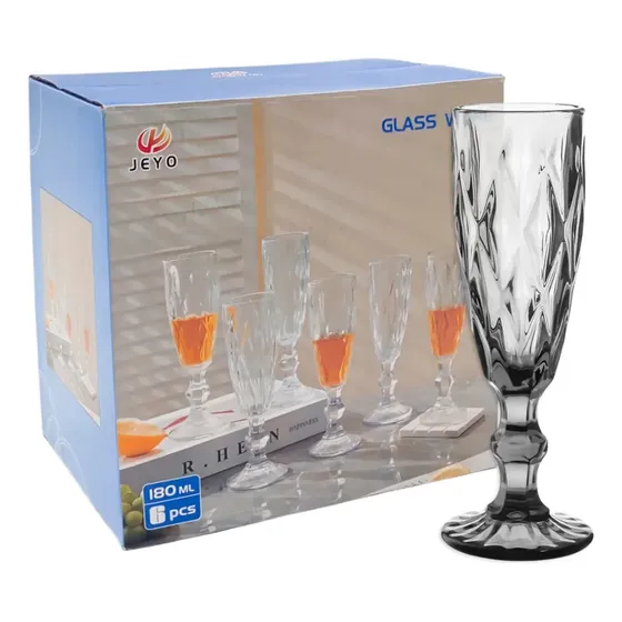 Set X6 Copa Champagne Flauta Rombos Labrado 180ml C/caja Hsk Fumê